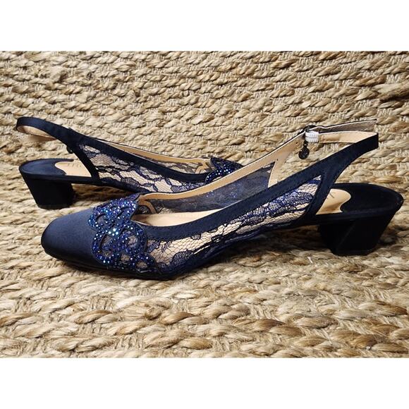 J. Renee Women’s 8.5M Faleece Lace/Satin/Sequins Slingback Heels Navy Blue - Picture 6 of 11